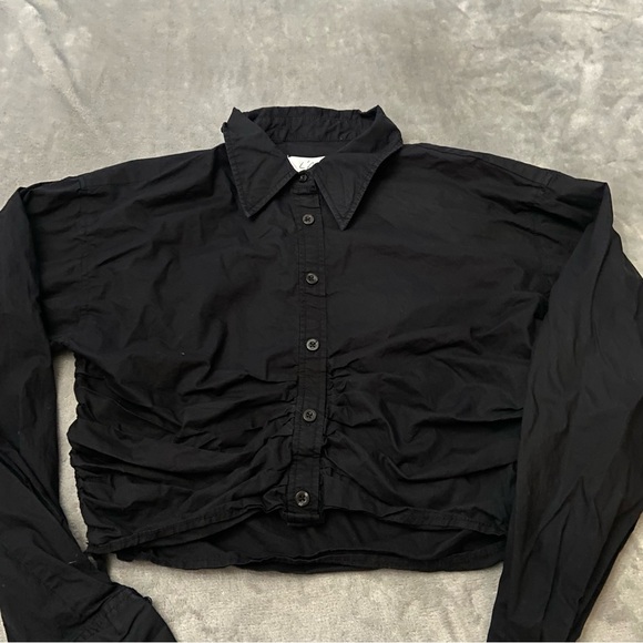 L'Academie The Lena Blouse Black Ruched Drawstring Crop Button Down Shirt 4068 - Picture 4 of 7